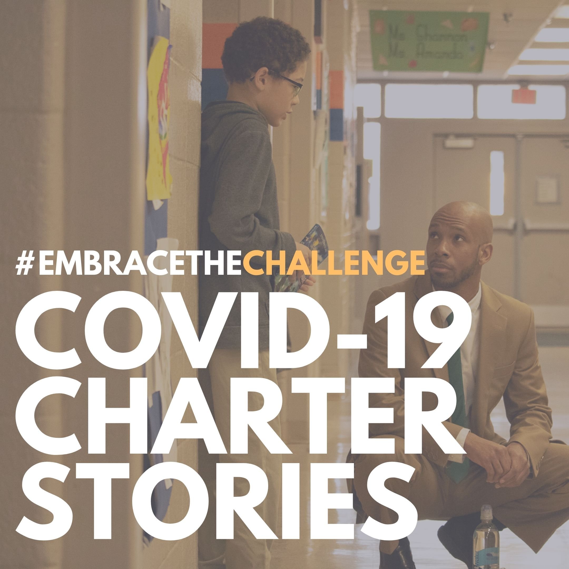 A photo of a black male educator kneeling down and listening to an elementary-aged black male student in a school hallway filled with lockers.